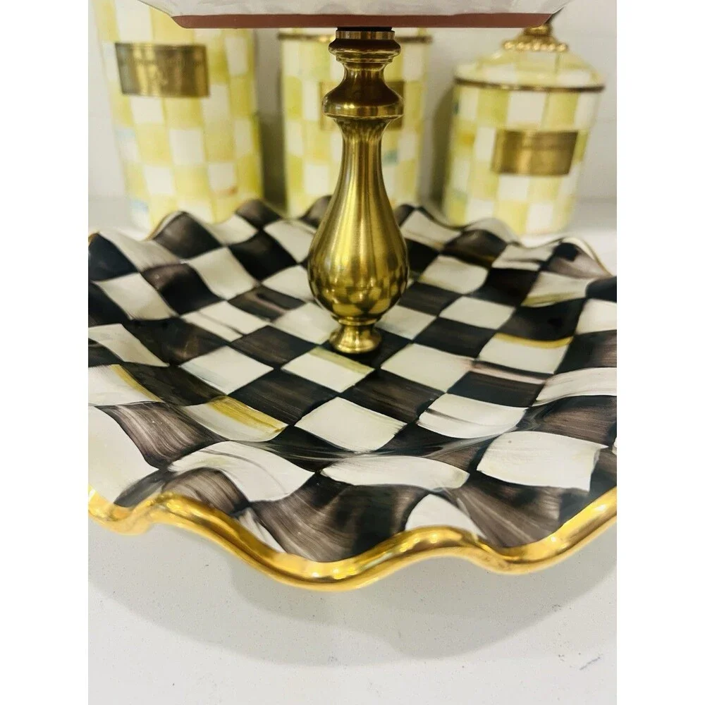 MacKenzie-Childs Courtly Check 3 Tier Sweet Stand Ceramic Gold 17”